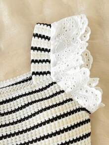 SHEIN 女童休闲可爱蝴蝶印花蕾丝边吊带背心，白色和粉色 - 白色 - 查看 4