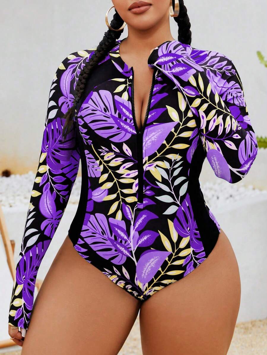 Swim SPRTY Bộ đồ bơi liền thân cỡ lớn dành cho nữ, có khóa kéo phía trước, họa tiết ngẫu nhiên, tay dài, giúp thon gọn vóc dáng, thích hợp cho lướt sóng, thể thao, bãi biển và bơi lội. - Nhiều màu - Xem 1