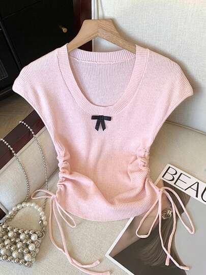 Franclia Women's Casual Bow Decor Ruffle Short Sleeve T-Shirt