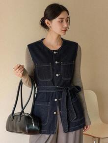 Dazy-Less 女士秋冬圆领单排扣多口袋休闲无袖牛仔外套 - 藍色 - 查看 4