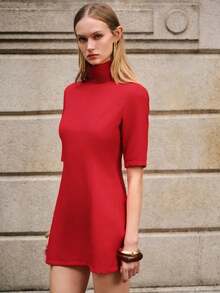 Lumivelle Women's Elegant Modern High-Waisted Sleeveless Short Dress Mock Neck Dress Red Elegant Dress Women Half Sleeve Dress - Red - View 7