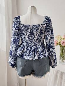 Flirla Plus Size Vintage French Collar Printed Cinched Waist Long Sleeve Shirt, Spring/Autumn - Multicolor - View 2
