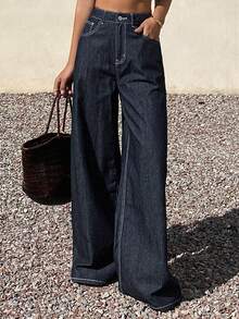 Livesso High Waist Casual Solid Color Women's Fashion Belt Loop Loose Fit Jeans - Dark Wash - View 3