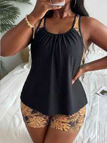 Swim Lushoire 大码女式时尚度假沙滩拼接褶皱吊带泳衣套装 - 棕色 - 查看 3