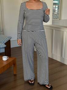 Dazy Plus Plus Size Women's Black & White Striped Print Scoop Neck Long Sleeve Top And Pants Pajama Set, Spring/Autumn - Black and White - View 3