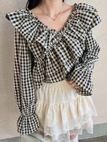 FRIFUL 女士格子棉质多层领荷叶边袖口宽松休闲百搭衬衫 - 黑色 - 查看 5