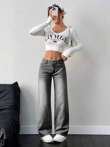 SHEIN PETITE Women's Low Waist Casual Loose Fit Jeans - Grey - View 6