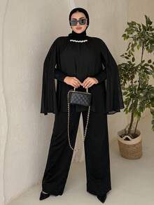 Dazy Plus Pearl Decor Chiffon Long Sleeve Black Blouse For Party - Black - View 3