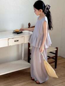 DAZY Tween Girls Round Neck Sleeveless Shirt And Wide Leg Pants Set, Fall Outfit - Purple - View 1