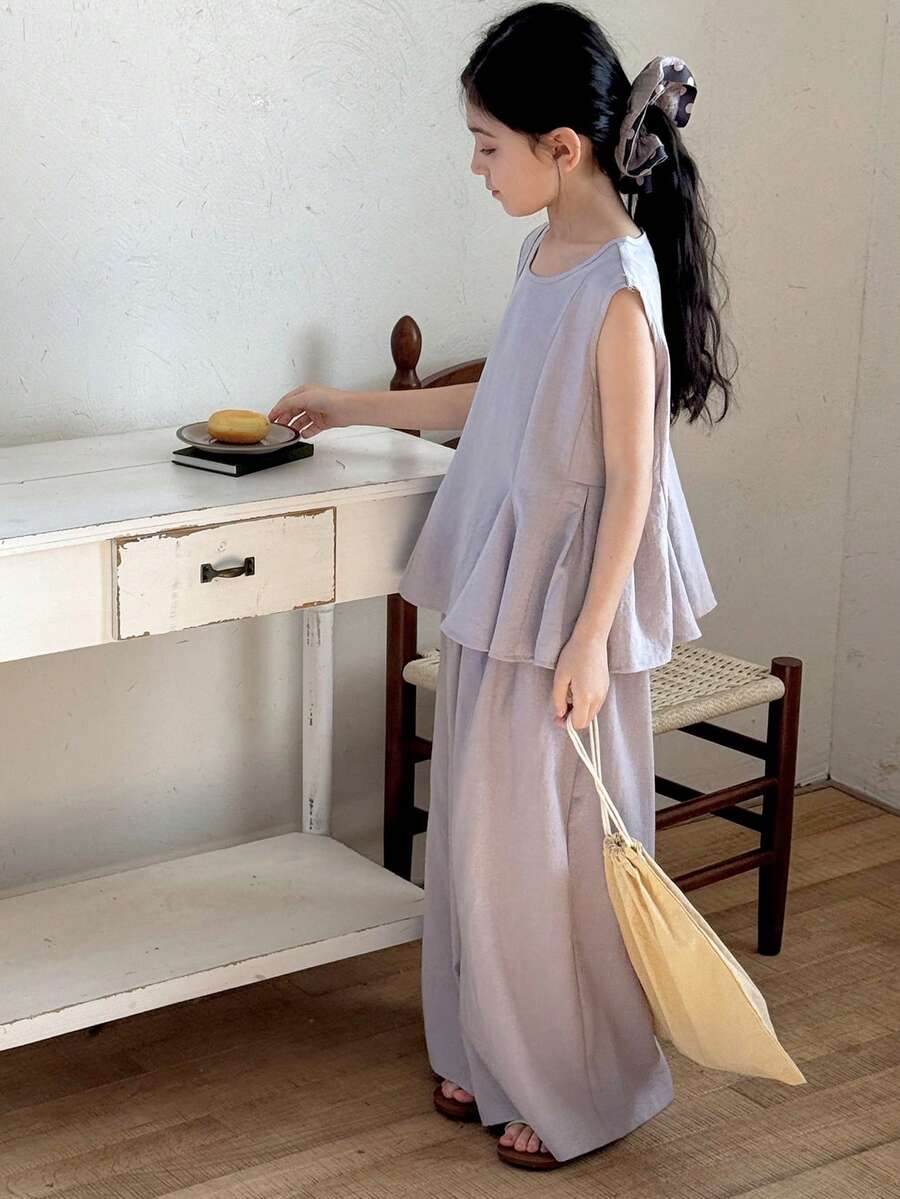 DAZY Tween Girls Round Neck Sleeveless Shirt And Wide Leg Pants Set, Fall Outfit - Purple - View 1