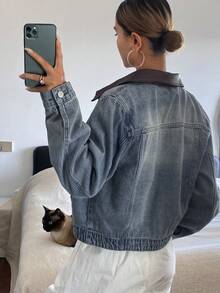 DAZY 西部牛仔风拼接撞色宽松长袖休闲街头夹克，女士牛仔外套，适合春秋季节穿着，Y2K风格 - 藍色 - 查看 2