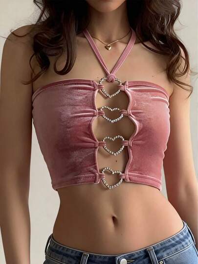 Women's Halter Neck Tie-Up Heart Metal Decor Backless Versatile Blouse For Dates & Parties