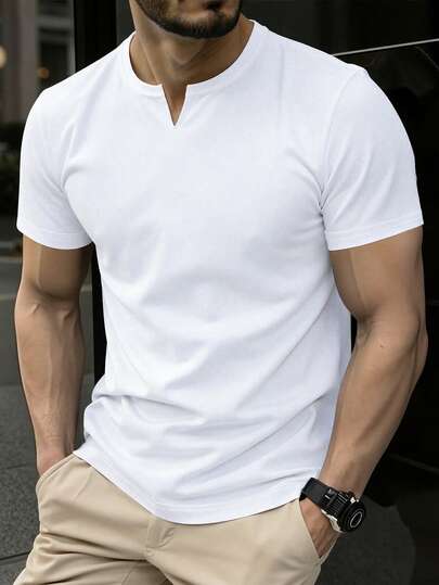 Manfinity Homme Men's Solid Color V-Neck Short Sleeve Casual T-Shirt, For Home & Outdoor Wear