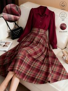 GlowEve Women's Burgundy Plaid Patchwork Design Shirt-Style Waist Cinched A-Line Elegant Everyday French Casual Commute Fashion Retro Versatile Christmas New Year Holiday Business Burgundy Long Sleeve Dress, Autumn/Winter