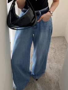 DAZY Vintage Blue High Waist Loose Straight Leg Draped Jeans For Women