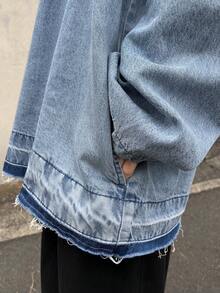 FRIFUL 女士落肩长袖口袋设计宽松休闲牛仔衬衫 - 藍色 - 查看 3