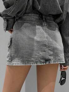 DAZY 时尚百搭工装口袋水洗牛仔迷你裙，女士款 - 灰色 - 查看 2