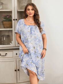 Serenescape 大码印花荷叶边宽松睡裙，蓝色 - 寶藍色 - 查看 6