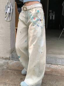 DAZY Women's Casual Fashion Street Chic Chain Print Washed Loose Wide-Leg Jeans, Belt Not Included - Beige - View 7