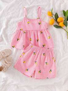 SHEIN Vintaside Kids 女童粉色格子樱桃印花吊带背心和短裤套装，清爽舒适的夏季服装，夏季两件套，女童冰淇淋连衣裙，樱桃儿童套装，女童樱桃两件套，草莓儿童套装 - 粉色 - 查看 5