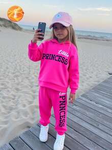 SHEIN Young Girl 2pcs/Set Casual Hooded Sweatshirt With English Letter Print And Pants With Letter Pattern For Spring And Autumn - Hot Pink - View 3