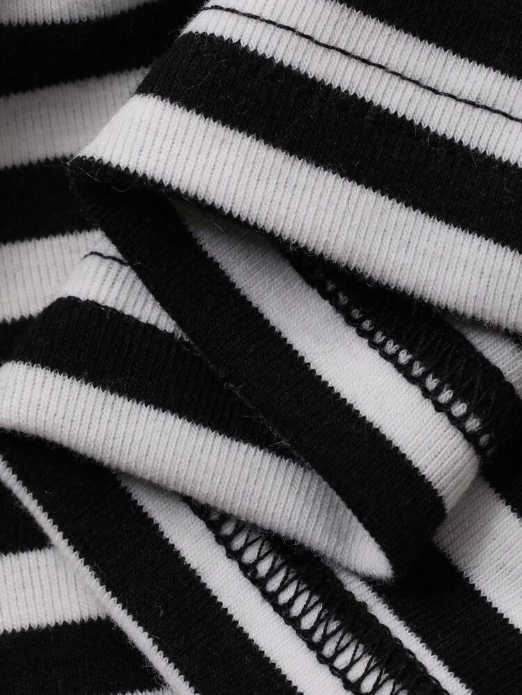 Dazy Plus Plus Size Women's Black & White Striped Print Crew Neck Long Sleeve Top And Pants Pajama Set, Spring/Autumn