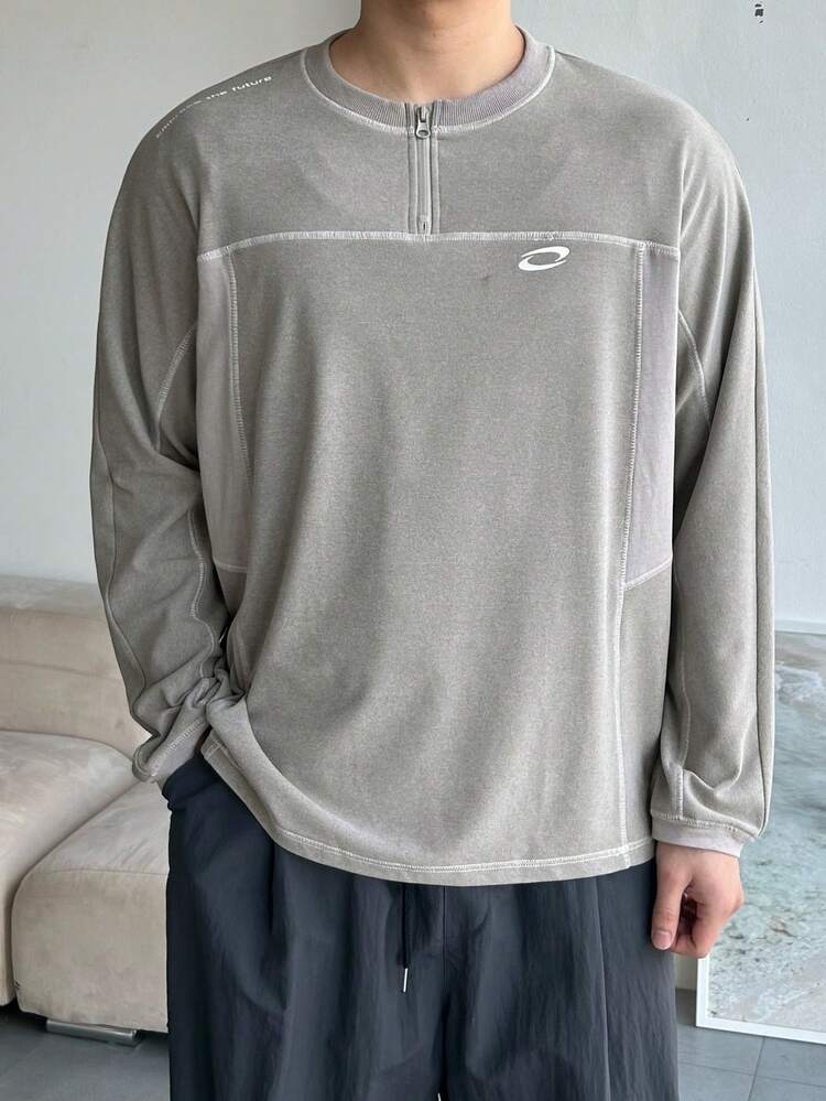 Spring Letter Print Decor Striped Grey Round Neck Men T-Shirt Long Sleeve Tops Women