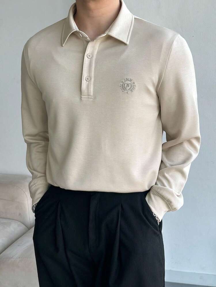 Men's Apricot Printed Half-Placket Long Sleeve Polo Shirt, Summer