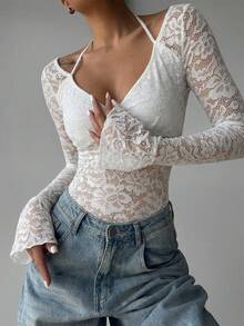 Aidyla Autumn White Lace Sheer Ruffle Long Sleeve Tie-Up Sexy Elegant Going Out Date T-Shirt - White - View 2