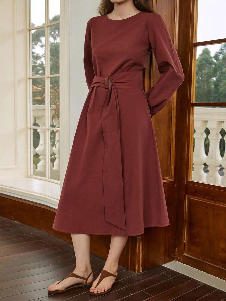 Women's Elegant Front Tie Lantern Sleeve Long Dress, Autumn Business Casual Woman Sundress