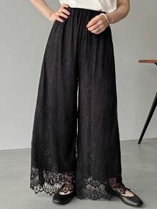 FRIFUL Women's Elastic Waist Full Lace Wide Leg Pants - Black - View 1