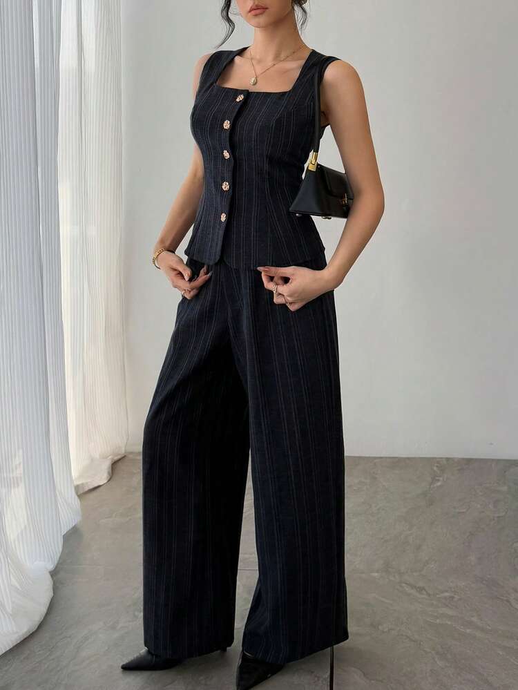 Women's Square Neck Sleeveless Front Button Striped Fashion Suit Set