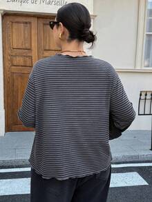 Dazy Plus Oversized Striped Short Sleeve Black & White Summer T-Shirt - Grey - View 2
