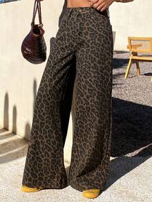 DAZY 女士常规腰围豹纹休闲宽松直筒牛仔裤 Y2k - 棕色 - 查看 2