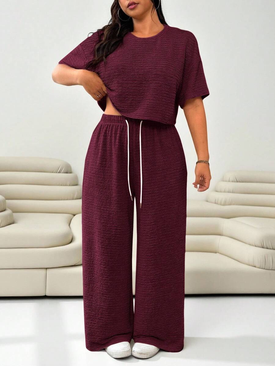 Solflare Bộ đồ nữ cỡ lớn màu trơn cổ tròn tay ngắn và quần ống rộng cạp chun, kiểu dáng thường ngày, gồm 2 món. - Màu hồng gỉ - Xem 1