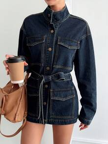 Livesso Women's Cinched Waist High Collar Casual Denim Jacket, Winter - Medium Wash - View 4