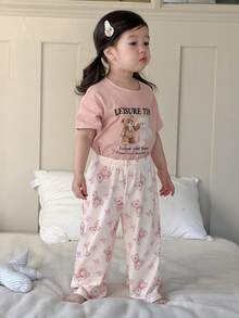 DAZY 2pcs Baby Girls Cartoon Print Short Sleeve T-Shirt And Full Print Long Pants Pajama Set - Baby Pink - View 6