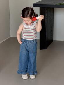 DAZY 女婴休闲日常通勤时尚撞色蕾丝弹力腰荷叶边宽松阔腿牛仔裤幼儿女童服装 - 深色水洗藍 - 查看 6