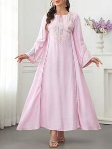 Al Najma Colorful Embroidered & Sequin Decor Flared Hem Arabic Style Dress With Round Neck & Bell Sleeves - Pink - View 7