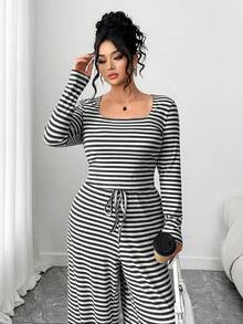 SHEIN EZwear Bộ đồ nữ cỡ lớn gồm áo tay dài kẻ sọc và quần ống rộng cạp chun, kiểu dáng thường ngày. - Đen và trắng - Xem 4