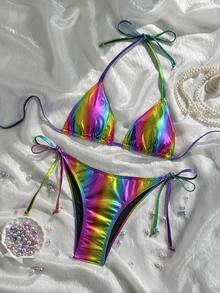 Swim Vcay 女士彩色挂脖比基尼套装，休闲海滩度假彩色比基尼彩虹比基尼炫彩比基尼彩虹泳装金属比基尼 - 彩色 - 查看 1