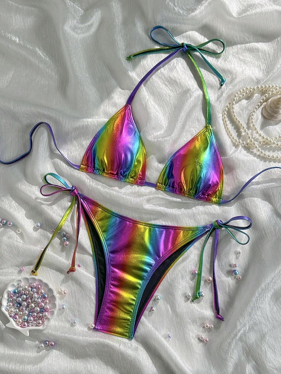 Swim Vcay 女士彩色挂脖比基尼套装，休闲海滩度假彩色比基尼彩虹比基尼炫彩比基尼彩虹泳装金属比基尼 - 彩色 - 查看 1