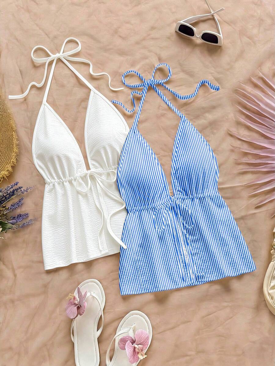 Soleia Bộ 2 áo tank top nữ kiểu dáng thường ngày, hở lưng, buộc dây cổ, thích hợp cho mùa hè. - Nhiều màu - Xem 1