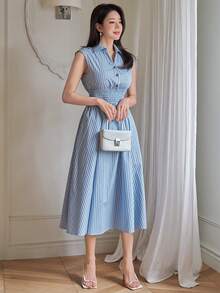 DAZY 女士优雅条纹无袖衬衫裙，中长款连衣裙 - 藍色 - 查看 4