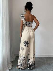 Elenzga Conjunto de 2 piezas con top de un hombro y pantalones de pierna ancha con estampado floral para mujer - Multicolor - Ver 2