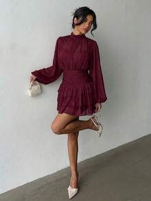 Aloruh Women's Elegant Multi-Layer Ruffle Trim Long Sleeve Fitted Mini Dress - Rose Red - View 8