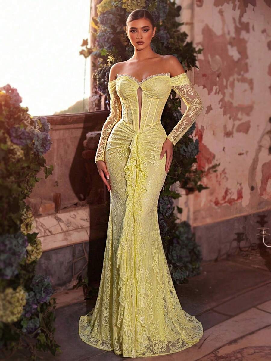 Glamrae 优雅简约立领宽肩长袖喇叭袖连衣裙，饰有纽扣，前片褶裥，鱼尾下摆，适合各种正式场合、婚礼、婚纱礼服