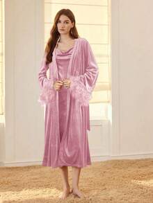 MOTF PREMIUM VELVET SOLID FEATHER CUFF BELL SLEEVE BELTED ROBE & DRAPED SLIP CAMI NIGHT DRESS - Pink - View 4