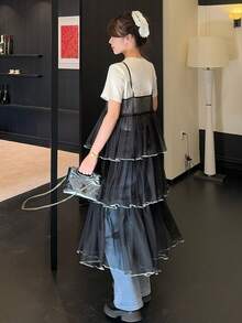 DAZY Women's Lace Layered Cake Slip Midi Dress - Black - View 1