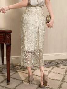 DAZY Women's Regular Waist Lace Fabric Long Straight Elegant Skirt - Champagne - View 5